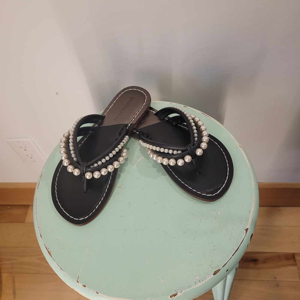 Bernardo Black Sandals with Pearl Embellishments